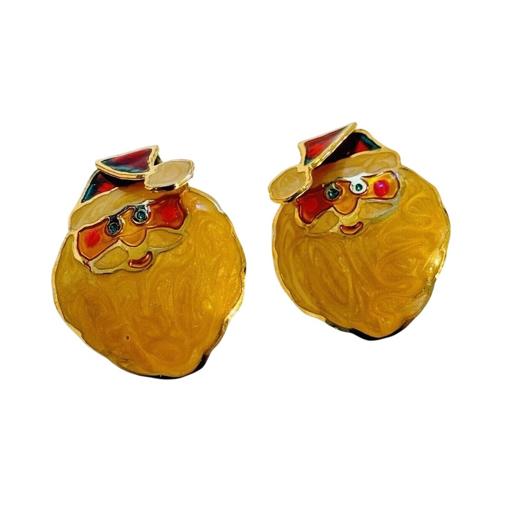VTG Santa Claus Earrings Enamel Metal Christmas Chunky Pierced‎ 80s gold tone